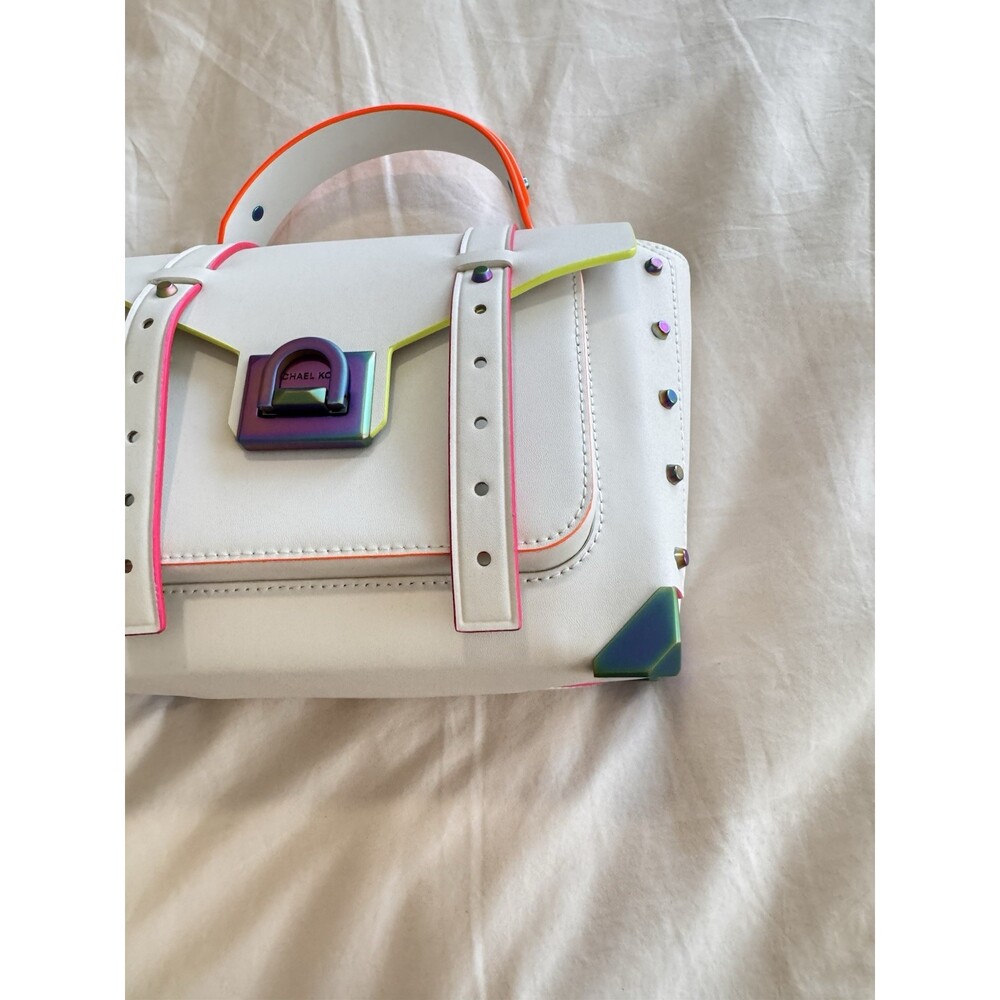 Michael Kors Manhattan Satchel Optic White Rainbow Stud Leather Bag - Picture 12 of 16